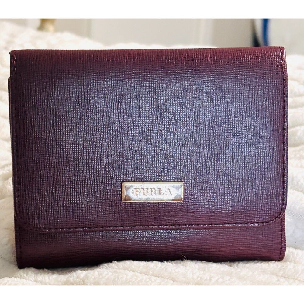 Furla Burgundy Saffiano Leather Trifold Flap Wallet